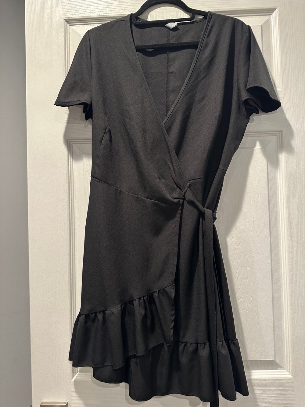 Black Short Sleeve Wrap Mini Dress with Ruffle Hem